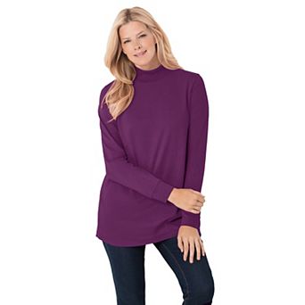 Woman Within Plus Size Perfect Long-Sleeve Mockneck Tee