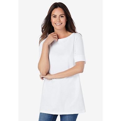 Woman Within Plus Size Perfect Cuffed Elbow-Sleeve Boat-Neck Tee