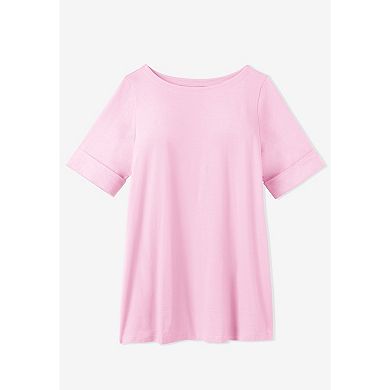 Woman Within Plus Size Perfect Cuffed Elbow-Sleeve Boat-Neck Tee