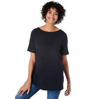 Woman Within Plus Size Perfect Cuffed Elbow-Sleeve Boat-Neck Tee