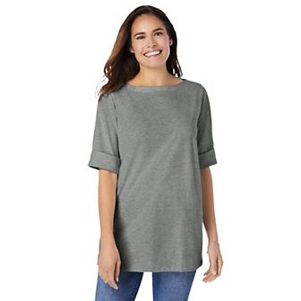 Woman Within Plus Size Perfect Cuffed Elbow-Sleeve Boat-Neck Tee
