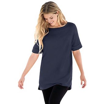 Woman Within Plus Size Perfect Cuffed Elbow-Sleeve Boat-Neck Tee