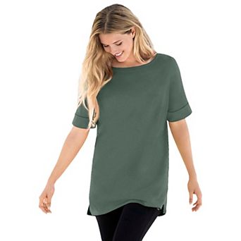 Woman Within Plus Size Perfect Cuffed Elbow-Sleeve Boat-Neck Tee
