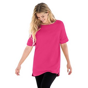 Woman Within Plus Size Perfect Cuffed Elbow-Sleeve Boat-Neck Tee