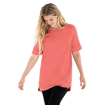 Woman Within Plus Size Perfect Cuffed Elbow-Sleeve Boat-Neck Tee