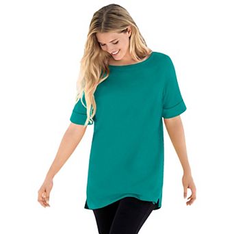 Woman Within Plus Size Perfect Cuffed Elbow-Sleeve Boat-Neck Tee
