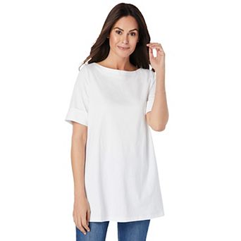 Woman Within Plus Size Perfect Cuffed Elbow-Sleeve Boat-Neck Tee