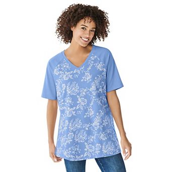 Woman Within Plus Size Elbow Sleeve V-Neck Baseball Tee