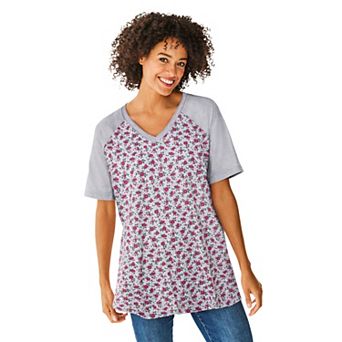 Woman Within Plus Size Elbow Sleeve V-Neck Baseball Tee