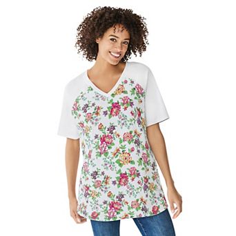 Woman Within Plus Size Elbow Sleeve V-Neck Baseball Tee