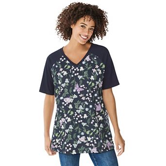 Woman Within Plus Size Elbow Sleeve V-Neck Baseball Tee