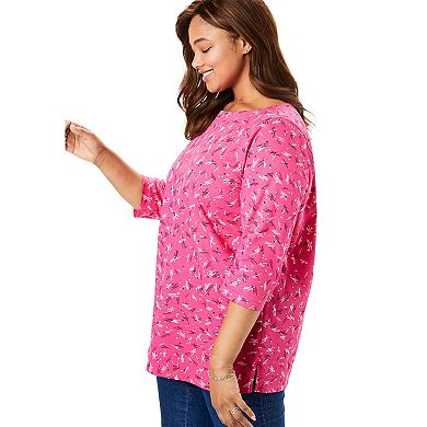 Woman Within Plus Size Perfect Printed Elbow-Sleeve Boatneck Tee