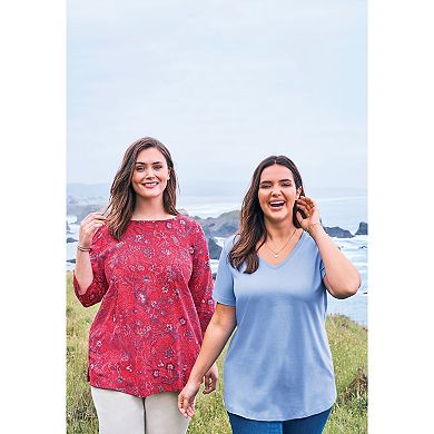 Woman Within Plus Size Perfect Printed Elbow-Sleeve Boatneck Tee