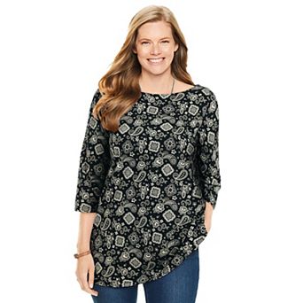Woman Within Plus Size Perfect Printed Elbow-Sleeve Boatneck Tee