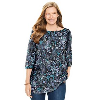 Woman Within Plus Size Perfect Printed Elbow-Sleeve Boatneck Tee