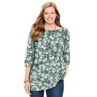 Woman Within Plus Size Perfect Printed Elbow-Sleeve Boatneck Tee