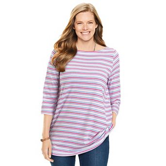 Woman Within Plus Size Perfect Printed Elbow-Sleeve Boatneck Tee