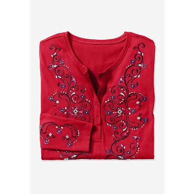 Woman Within Plus Size Embroidered Henley Tee