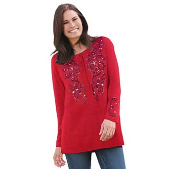 Woman Within Plus Size Embroidered Henley Tee