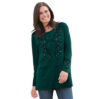Woman Within Plus Size Embroidered Henley Tee