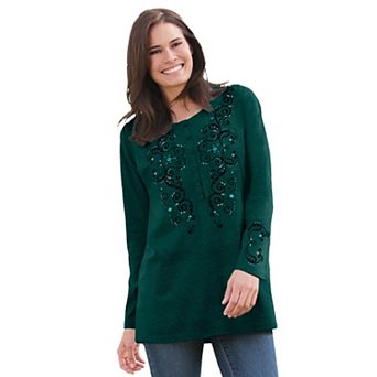 Woman Within Plus Size Embroidered Henley Tee