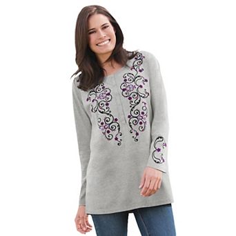 Woman Within Plus Size Embroidered Henley Tee