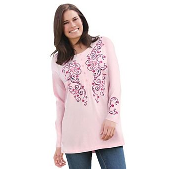Woman Within Plus Size Embroidered Henley Tee