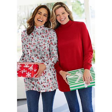 Woman Within Plus Size Perfect Printed Long-Sleeve Mockneck Tee
