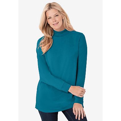 Woman Within Plus Size Perfect Printed Long-Sleeve Mockneck Tee