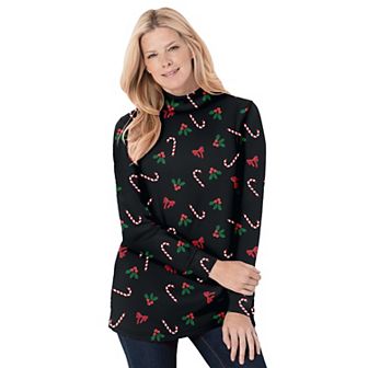Woman Within Plus Size Perfect Printed Long-Sleeve Mockneck Tee