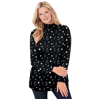 Woman Within Plus Size Perfect Printed Long-Sleeve Mockneck Tee