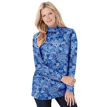 Woman Within Plus Size Perfect Printed Long-Sleeve Mockneck Tee