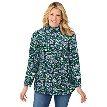 Woman Within Plus Size Perfect Printed Long-Sleeve Mockneck Tee