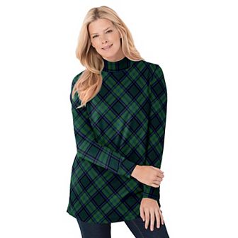 Woman Within Plus Size Perfect Printed Long-Sleeve Mockneck Tee