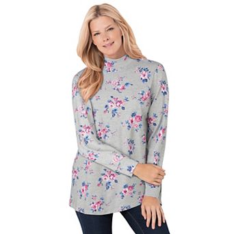 Woman Within Plus Size Perfect Printed Long-Sleeve Mockneck Tee