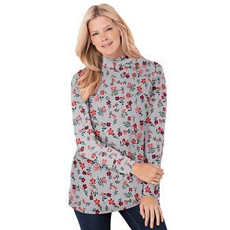 Woman Within Plus Size Perfect Printed Long-Sleeve Mockneck Tee