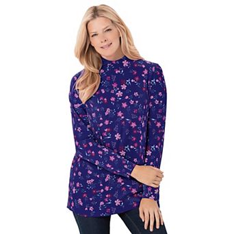 Woman Within Plus Size Perfect Printed Long-Sleeve Mockneck Tee