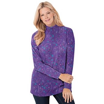 Woman Within Plus Size Perfect Printed Long-Sleeve Mockneck Tee