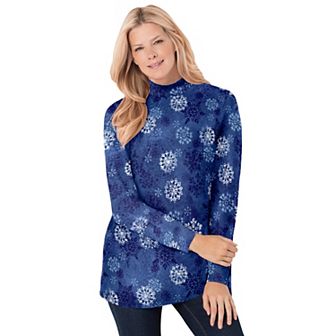 Woman Within Plus Size Perfect Printed Long-Sleeve Mockneck Tee