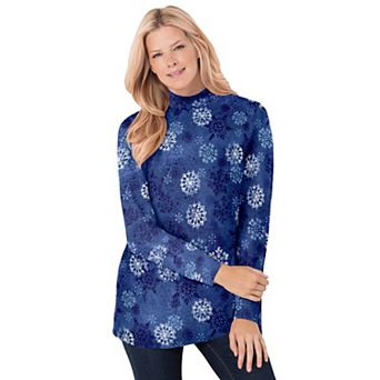 Woman Within Plus Size Perfect Printed Long-Sleeve Mockneck Tee