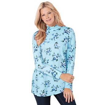Woman Within Plus Size Perfect Printed Long-Sleeve Mockneck Tee
