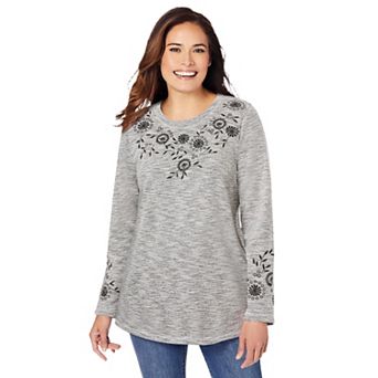 Woman Within Plus Size Floral Embroidered Sweatshirt Tee