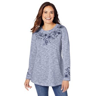 Woman Within Plus Size Floral Embroidered Sweatshirt Tee