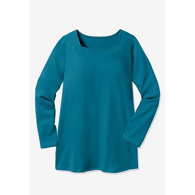 Woman Within Plus Size Perfect Long-Sleeve Square-Neck Tee