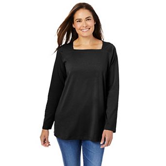 Woman Within Plus Size Perfect Long-Sleeve Square-Neck Tee