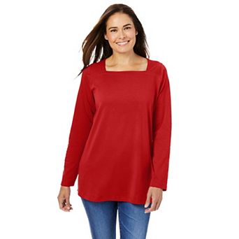 Woman Within Plus Size Perfect Long-Sleeve Square-Neck Tee