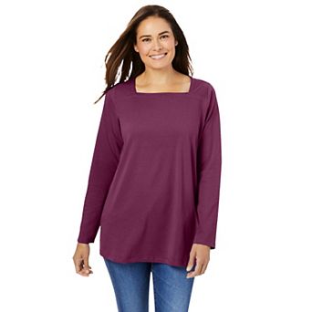 Woman Within Plus Size Perfect Long-Sleeve Square-Neck Tee