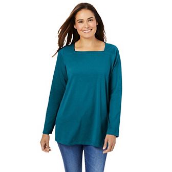 Woman Within Plus Size Perfect Long-Sleeve Square-Neck Tee
