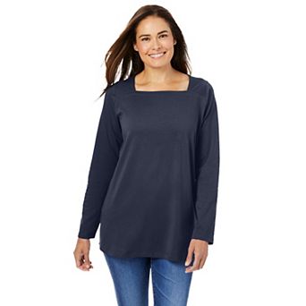 Woman Within Plus Size Perfect Long-Sleeve Square-Neck Tee