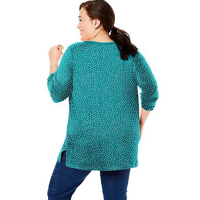 Woman Within Plus Size Perfect Printed Long-Sleeve Henley Tee